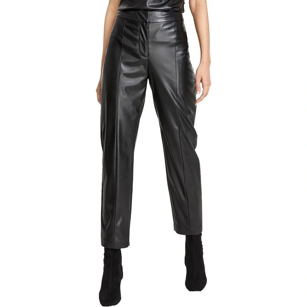 DKNY Black Faux Leather Pants XS High Rise Ankle Straight Leg NWT